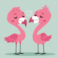 Two pink flamingos on a turquoise background. Valentine's Day.