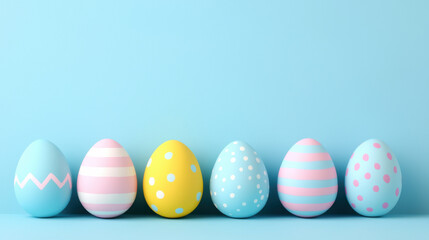 Obraz premium Custom decorated easter egg concept. Colorful pastel Easter eggs with patterns on blue background