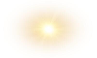 Yellow star flashed with sparkles sun isolated on white background. Soft glow without departing rays, sunlight with lens flare effect. PNG vector light effect. © David