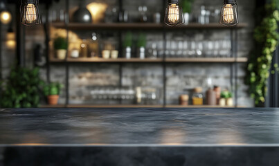 Black marble table surface in a modern kitchen for displaying products with copy space for product photography or branding, softly blurred background