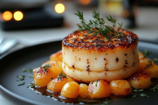 delicious gourmet dish beautifully presented with bokeh lights in the background, enhancing the elegance of the restaurant setting. the artistry of the dish captivates the viewer