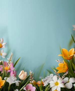 Fototapeta Colorful spring flowers in vibrant hues against a soft blue background.