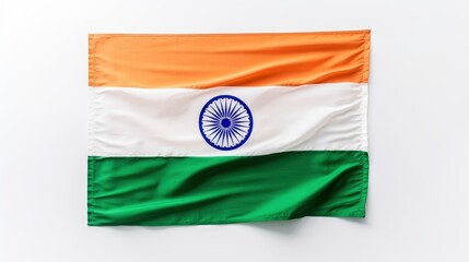 Indian flag, isolated white background, top view, fabric detail, HD, Realistic, copy Space.