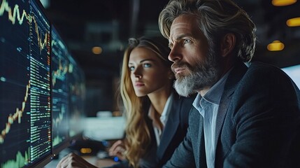 A bearded man and woman intensely reviewing data analytics on computer displays in a sophisticated office space, emphasizing teamwork and decision-making processes.
