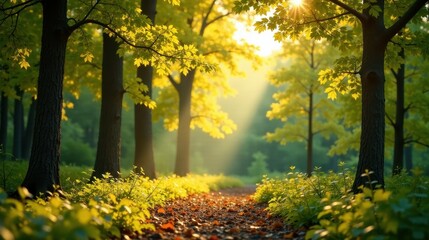 Obraz premium Serene Woodland Path Bathed in Golden Sunlight, Leafy Canopy Overhead, Tranquil Forest Scene