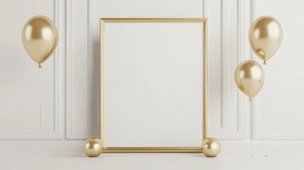 A gold framed white frame with three gold balloons in the background