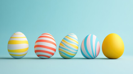 Fototapeta premium Custom decorated easter egg concept. Colorful striped Easter eggs arranged in row on pastel blue background