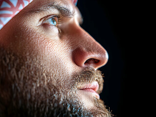 Obraz premium Close-up profile of a man with a beard and keffiyeh.