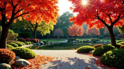 Serene Autumn Garden Pond with Vibrant Maple Trees and Sculpted Shrubs Reflecting Sunlight