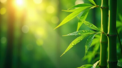 Serene Bamboo Grove at Dawn Dew-Kissed Leaves Glisten in the Warm Sunlight, a Tranquil and Peaceful Scene of Nature's Beauty
