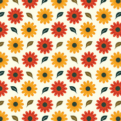 Seamless floral pattern with orange, yellow flowers and leaves on white background for fashion, textile, fabric, wallpaper and other prints. Flower vector pattern.