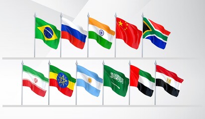 Flags of the BRICS countries. BRICS Organization. It includes Brazil, Russia, India, China, South Africa, Argentina, Egypt, Ethiopia, Iran, Saudi Arabia, and the United Arab Emirates. BRICS+.