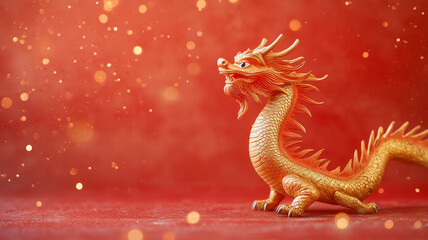 Obraz premium Golden Dragon Figurine on Red Background