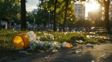 Fototapeta premium Littered Park Landscape After Public Event in Afternoon Light