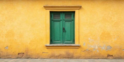 A weathered yellow wall with a charming, aged green window, exhibiting a rustic simplicity and aged elegance.