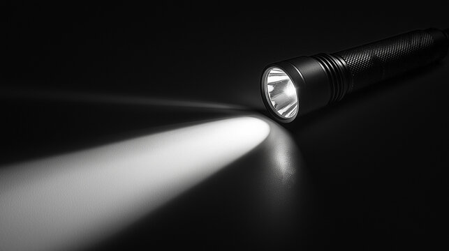 Ein leistungsstarker Taschenlampe mit hellem Lichtstrahl auf dunklem Hintergrund

