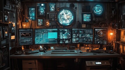 A high-tech control room filled with futuristic screens and glowing tech gadgets for intense ambiance.