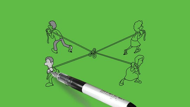 draw group of four person men and women pull rope in four different direction tie in one place with black outline on abstract green screen background    
