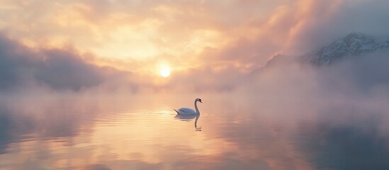 Obraz premium Majestic swan on a misty lake at sunrise over mountains.