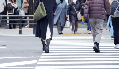 冬の都市の交差点の横断歩道を渡る通勤中の若い女性と人々の姿