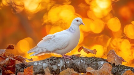 Fototapeta premium White dove perched on branch, autumn bokeh background.