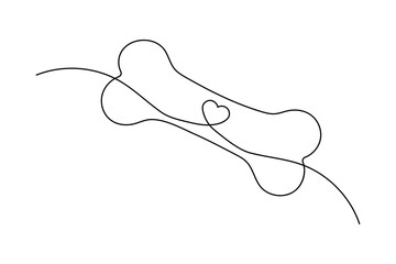 Continuous one line dog and bone drawing of isolated outline vector icon