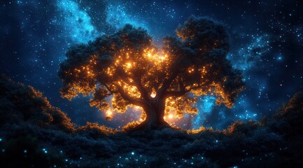 Fototapeta premium Glowing tree at night under a starry sky.