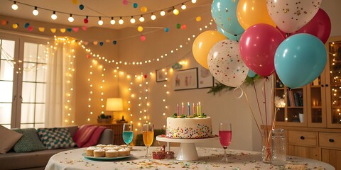 Festive birthday party setup with colorful balloons, string lights, and decorated cake on a table in a cozy living room, perfect for celebrations and special occasions