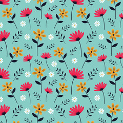 Seamless floral pattern of pink, yellow, white flowers on blue background for fashion, textile, fabric, wallpaper and other prints. Flower vector pattern.