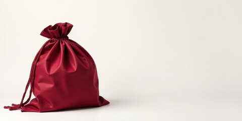 A rich crimson drawstring bag sits elegantly on a plain white background, ideal for showcasing product placement or conveying a sense of luxury and gifting