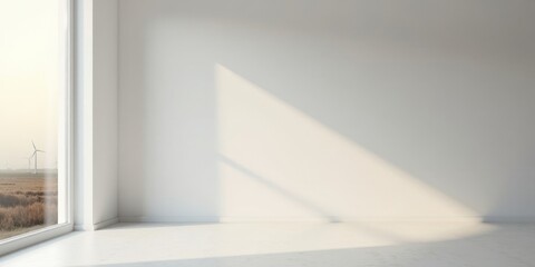 Fototapeta premium Empty Room with Large Window Showing Wind Turbines in Field