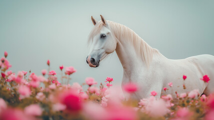 White Horse Among Pink Flowers