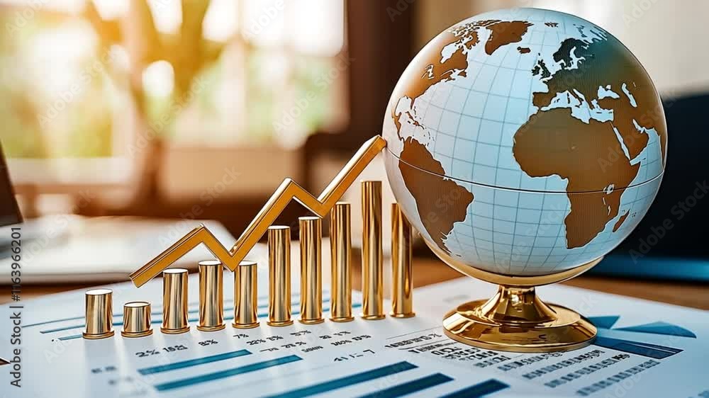 Poster a metallic globe pairs with a climbing column chart to represent positive financial projections. con