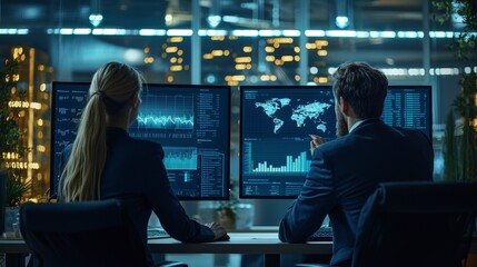 Two business professionals in a modern office examine screens displaying global data trends and world maps, focused on analytics and decision-making processes.