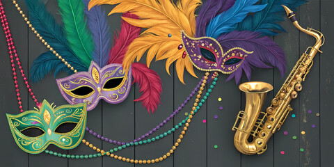 Mardi gras celebration with colorful masks, beads, and jazz instruments display.