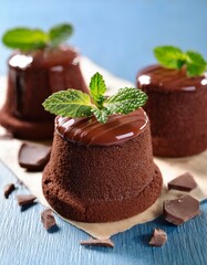Chocolate mini cake with chocolate ganash and mint. Generated image
