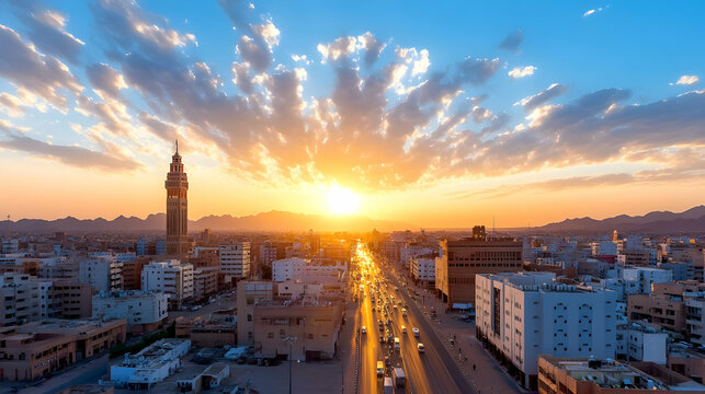 Abha city skyline at sunset with dramatic sky.