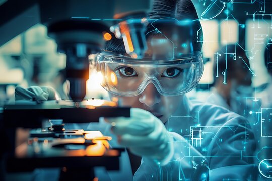 Female scientist in lab glasses examining a slide under a microscope with digital overlay.