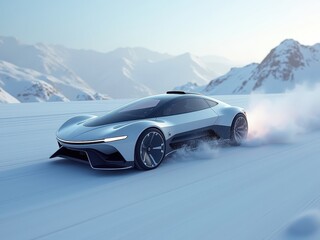 Naklejka premium Futuristic electric sled gliding effortlessly across a snowy mountain landscape at sunset