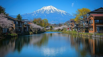 Fototapeta premium Scenic view of a mountain with cherry blossoms by a river.