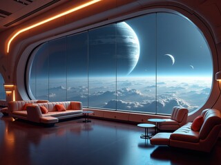 Naklejka premium Luxurious lounge inside a space liner offers a stunning view of planets and clouds in the vastness of space