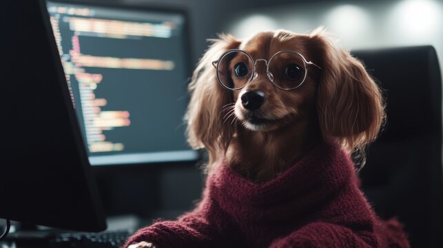 Adorable dog in glasses coding at a computer desk