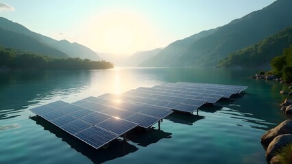Fototapeta premium Floating Solar Panels Serene Mountain Lake Sunset Scene