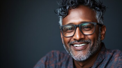 Obraz premium Smiling man with curly hair wearing glasses posing against a dark background