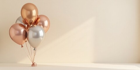 A cluster of metallic rose gold and silver balloons tied together with a ribbon rests on a neutral beige surface against a minimalist backdrop.