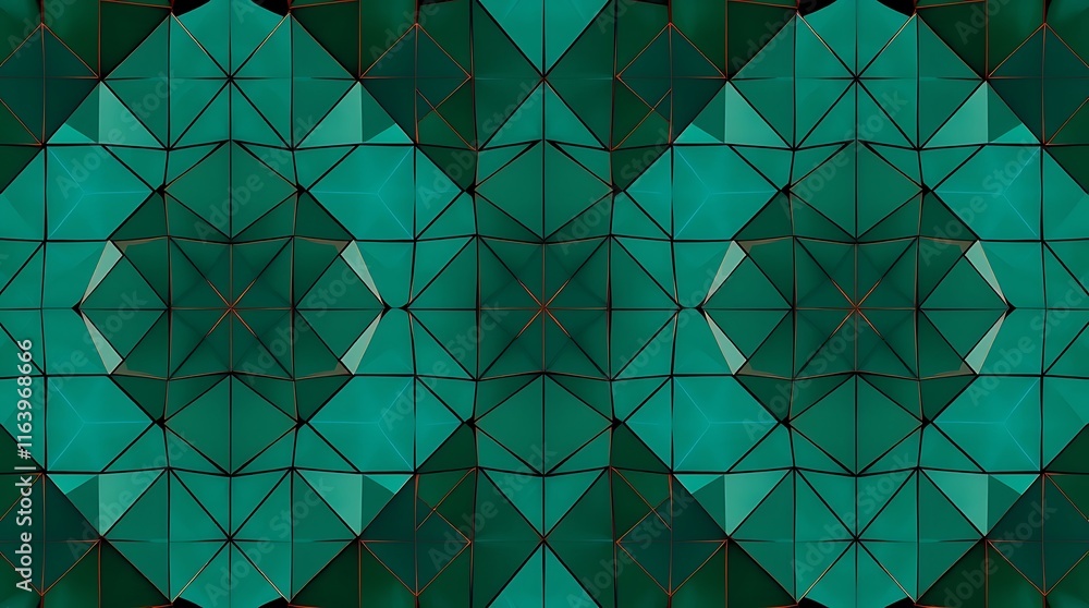 Poster teal geometric pattern: abstract kaleidoscope of teal and dark green triangles creating a symmetrica