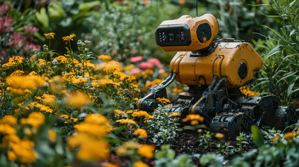 Robot in a Colorful Garden Surrounded by Bright Yellow Flowers and Lush Green Foliage, Emphasizing Nature and Technology in Harmony