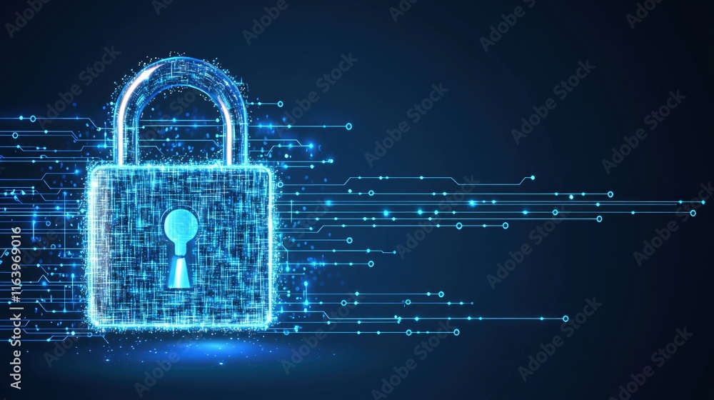 Poster digital lock icon representing cybersecurity and data protection in modern technology