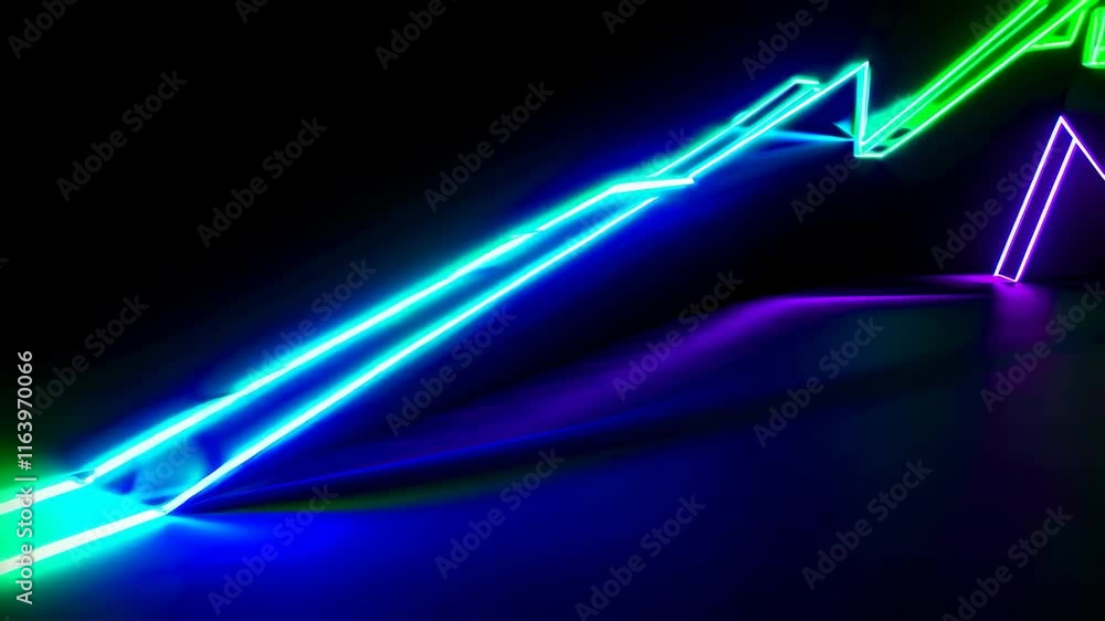 Poster dynamic neon light animation with zigzag pattern. bright blue and green glowing lines on black backg