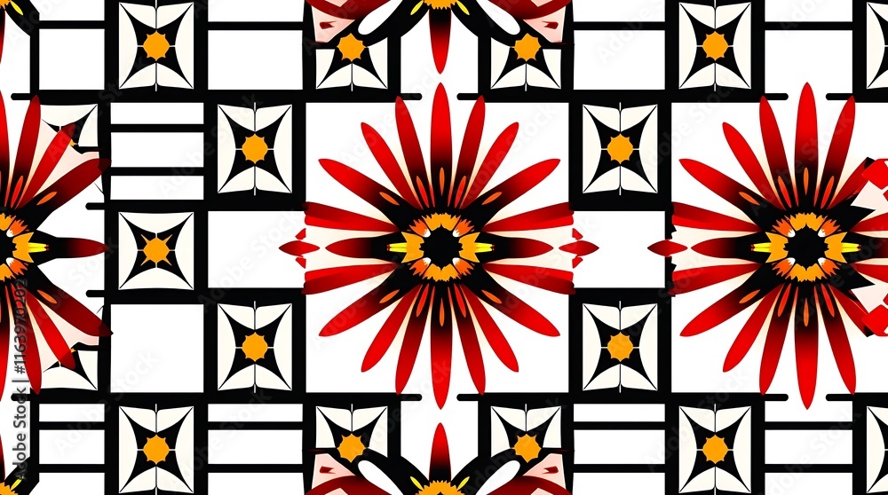 Poster abstract floral kaleidoscope: a vibrant and symmetrical design with red and yellow flower patterns, 